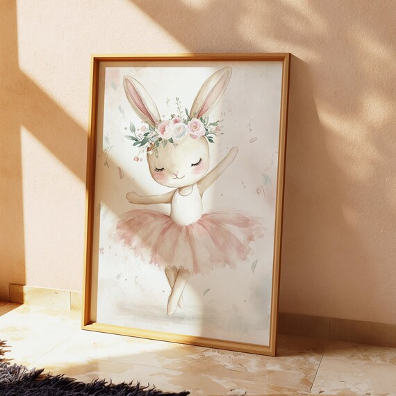 Dancing Bunny Ballerina in Blush Tutu Rose Crown Nursery Poster