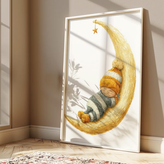 Watercolor Baby Sleeping On Crescent Moon With Star Whimsical Nursery Art Print 128