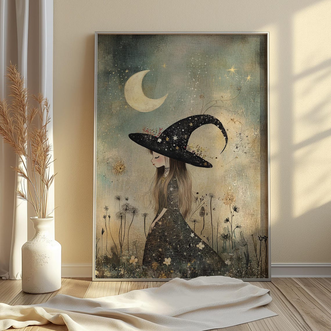 Enchanted Witch Girl Print Moonlit Halloween Wall Art Whimsical Starry Artwork For Kids Instant