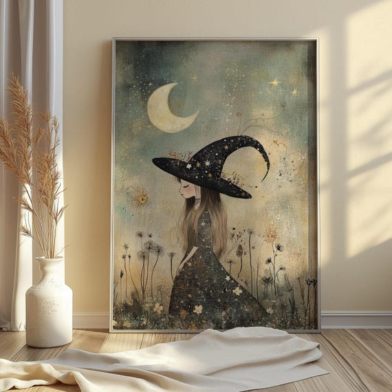 Enchanted Witch Girl Print Moonlit Halloween Wall Art Whimsical Starry Artwork For Kids Instant
