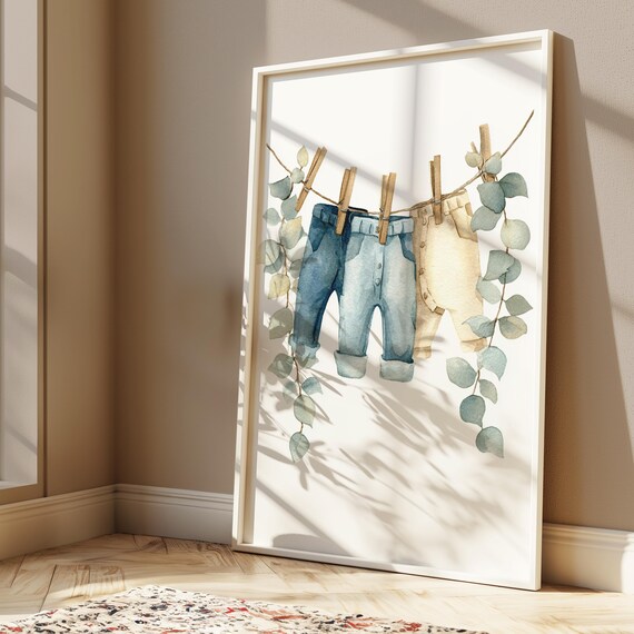 Baby Clothes on Clothesline With Eucalyptus Neutral Nursery Art Poster