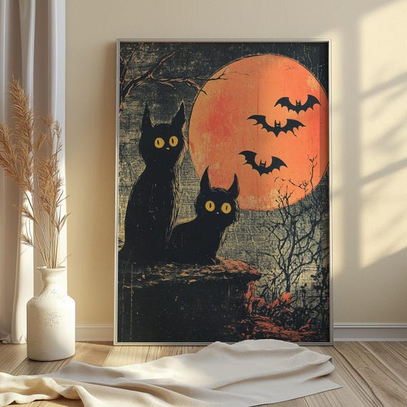 Vintage Black Cat Halloween Print Spooky Instant Wall Art Retro Full Moon Haunted Night Gothic Decor