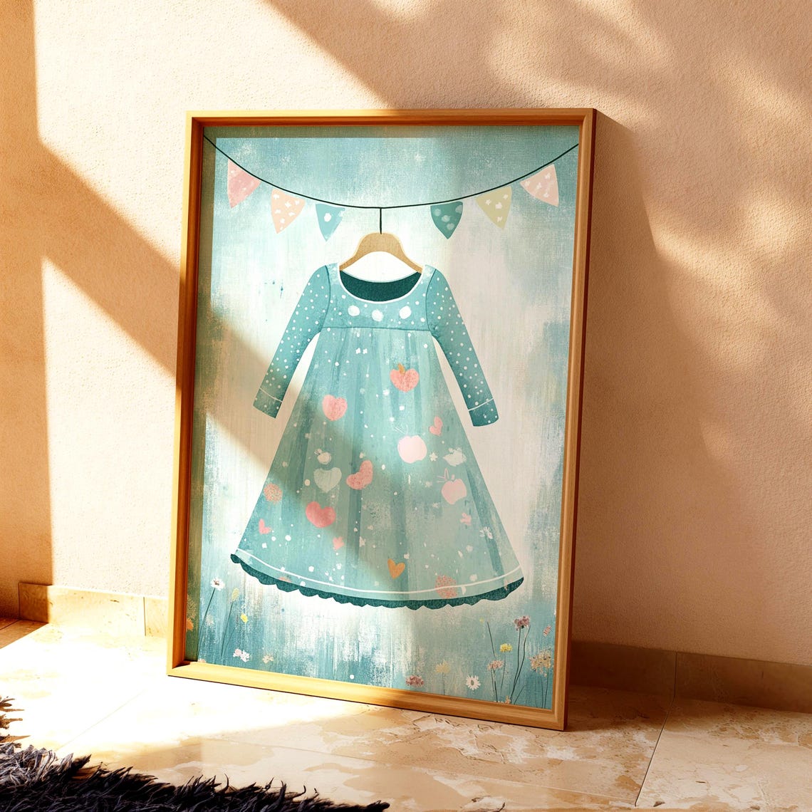 Blue Heart Dress on Hanger with Pastel Bunting Nursery Poster