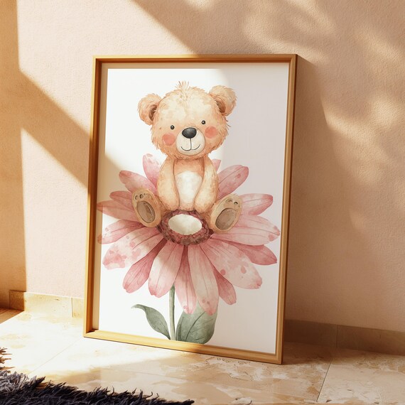 Teddy Bear On Pink Flower Nursery Print Watercolor Cute Animal Wall Art For Kids Room Decor 107