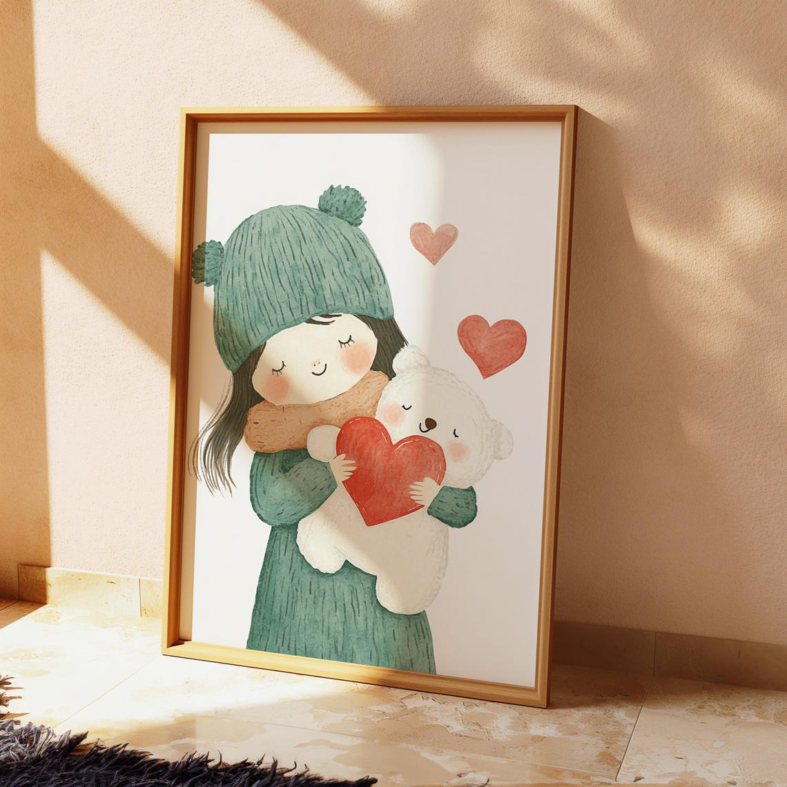 Girl Bear Winter Hug Poster Heart Nursery Kids Room Wall Decor