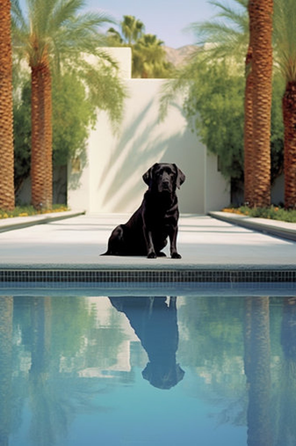 Black Labrador Poolside with Pool Reflection Retro Photo Poster - Image 3
