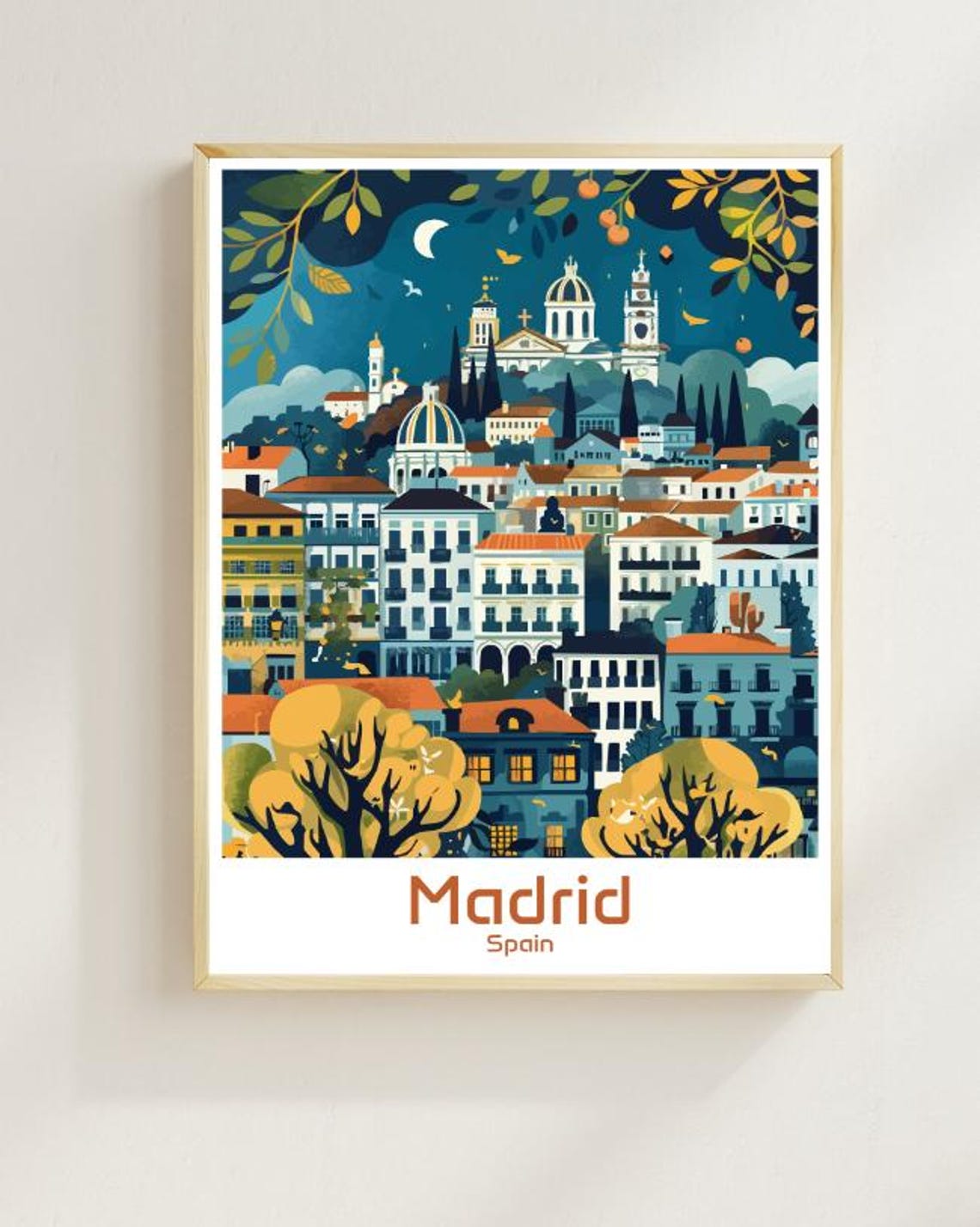 Madrid Night Cityscape Domes and Spires Spain Evening Travel Poster