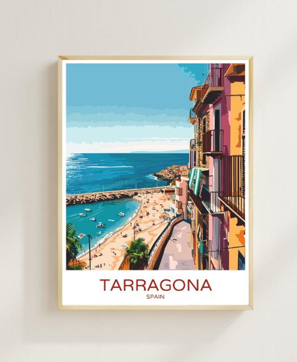 Tarragona Spain Travel Poster Vibrant Beach and Colorful Buildings
