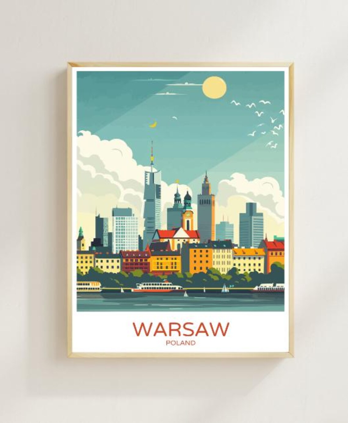 Warsaw Poland Skyline River Modern Graphic City Travel Poster