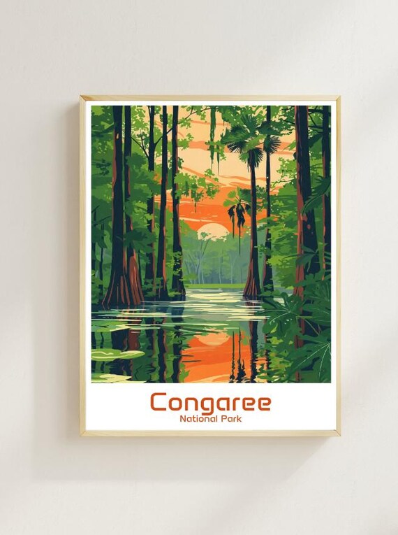 Congaree National Park Travel Poster Cypress Swamp Sunset Reflection Art