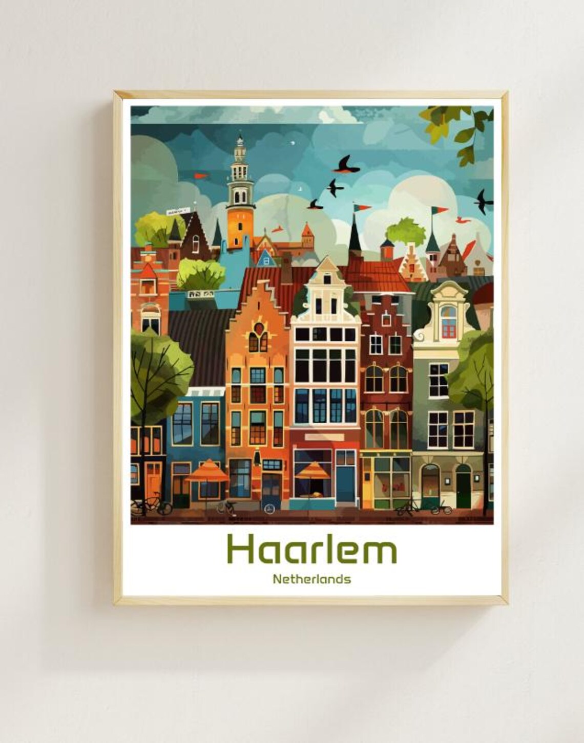 Haarlem Netherlands Gabled Houses Church Tower Illustration Poster