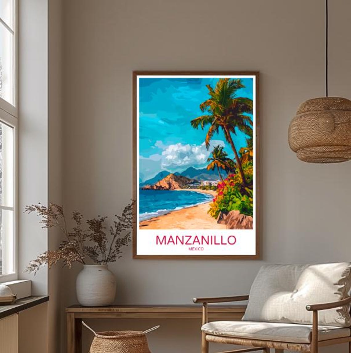 Manzanillo Mexico Palm Beach Bay Mountains Vintage Travel Poster - Image 3