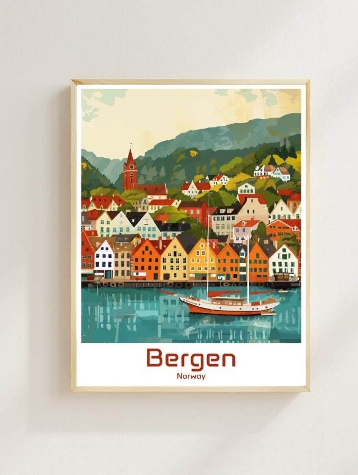 Bergen Norway Colorful Bryggen Harbor Retro Illustration Poster