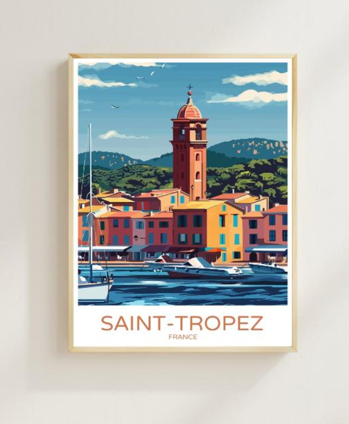 Vintage Saint Tropez France Harbor Bell Tower Riviera Travel Poster
