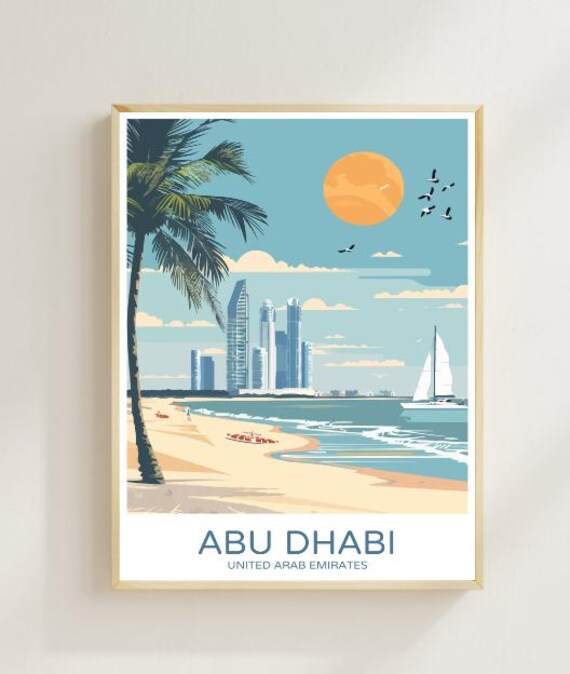 Abu Dhabi United Arab Emirates Beach Skyline Vintage Travel Poster