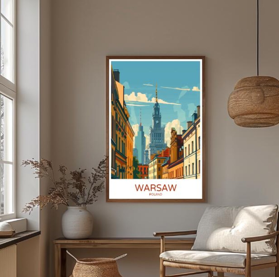 Warsaw Poland Travel Poster Palace Of Culture Vintage Street Scene Art - Image 3