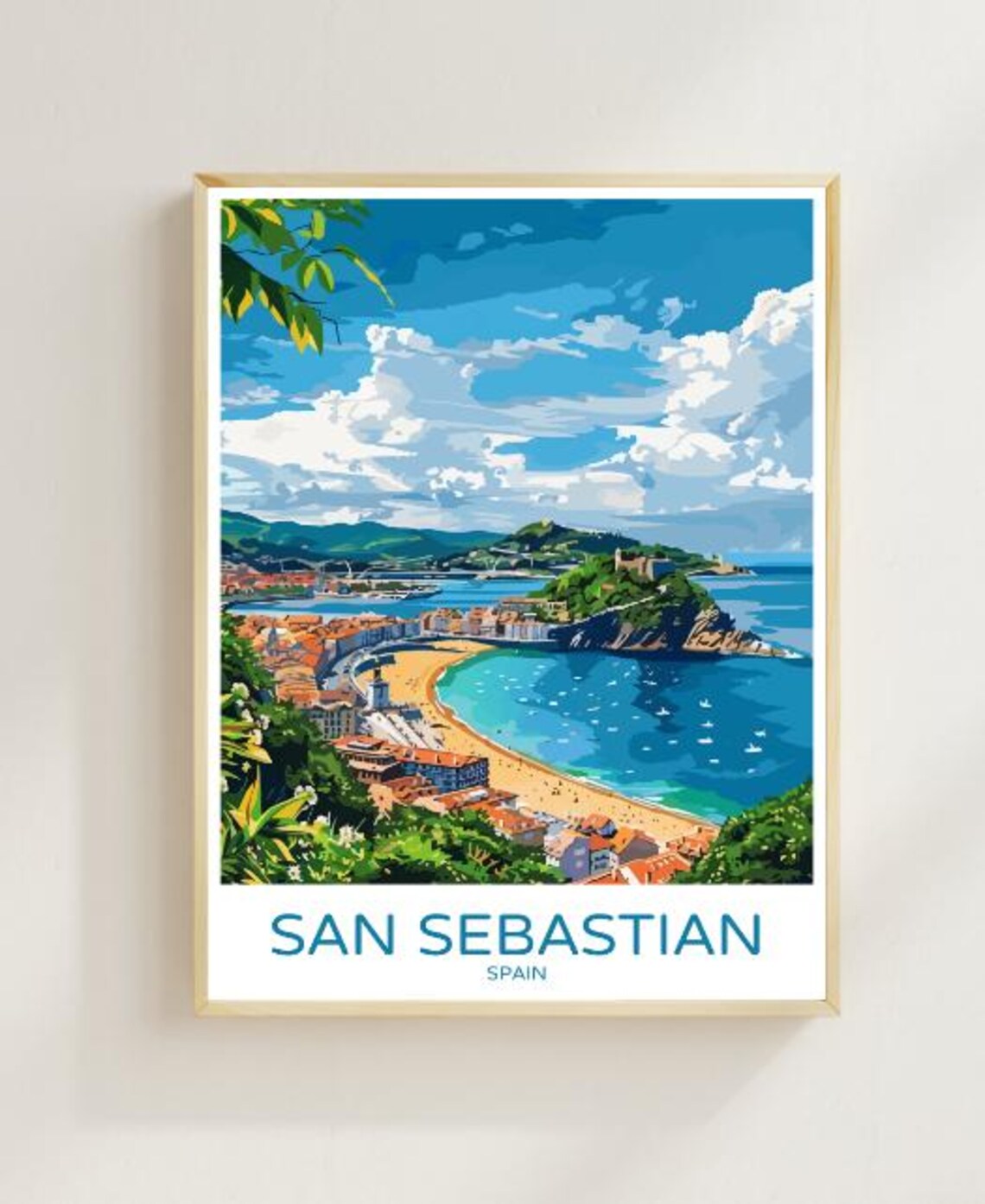 San Sebastian Spain Travel Poster Coastal Bay and Old Town Panorama