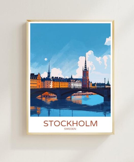 Stockholm Sweden Travel Poster Bridge Skyline Art Scene Decor