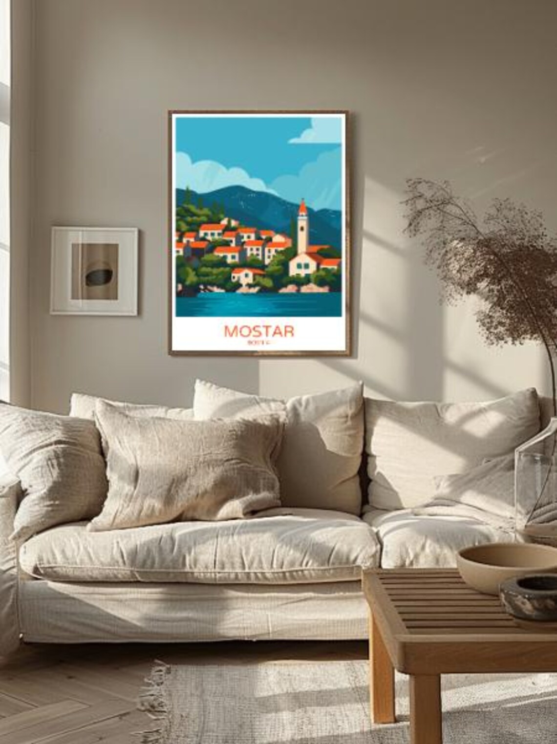 Mostar Bosnia Mountain Riverside Village Bell Tower Travel Poster - Image 2