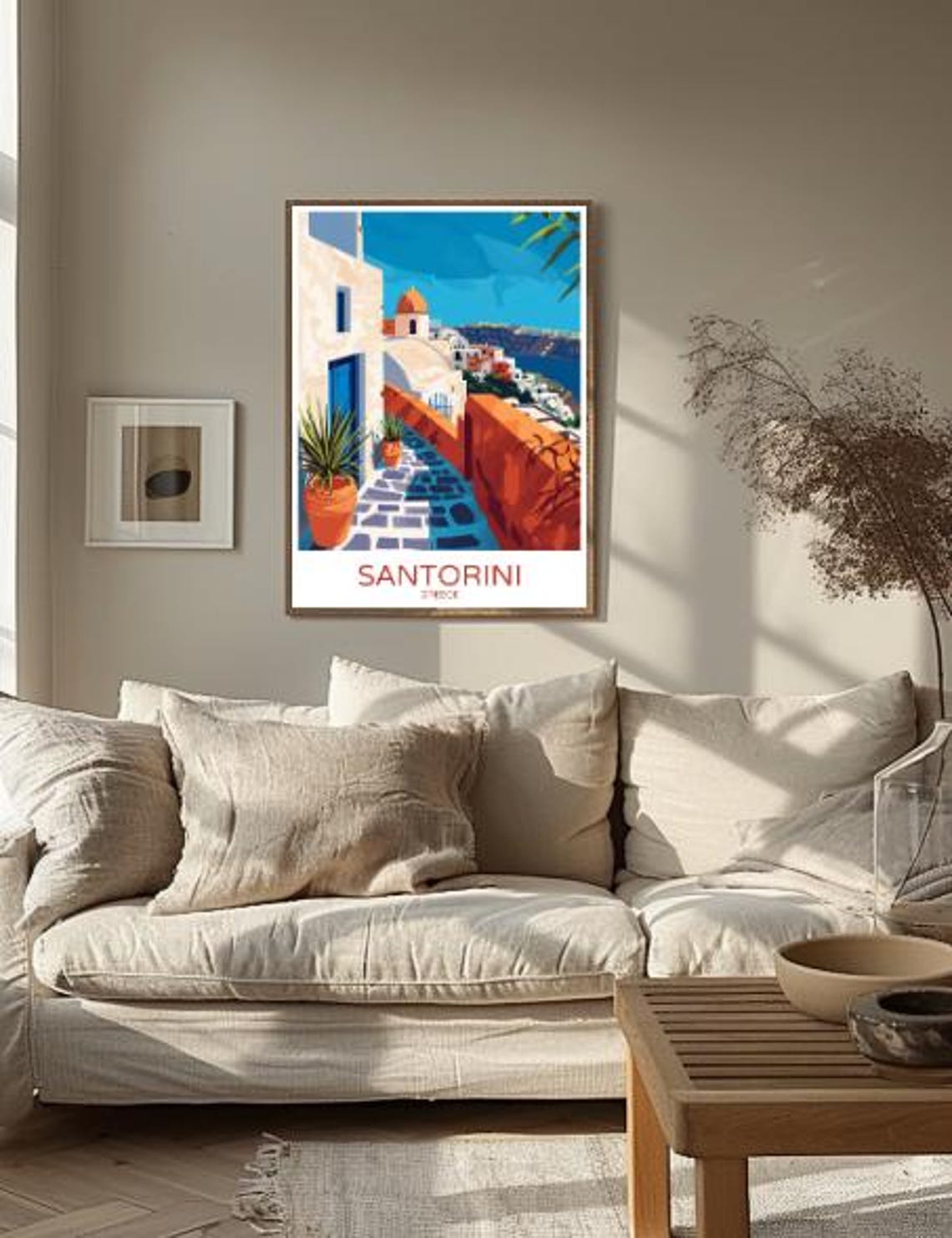Santorini Greece Travel Poster Blue Domes White Village Path Art - Image 2