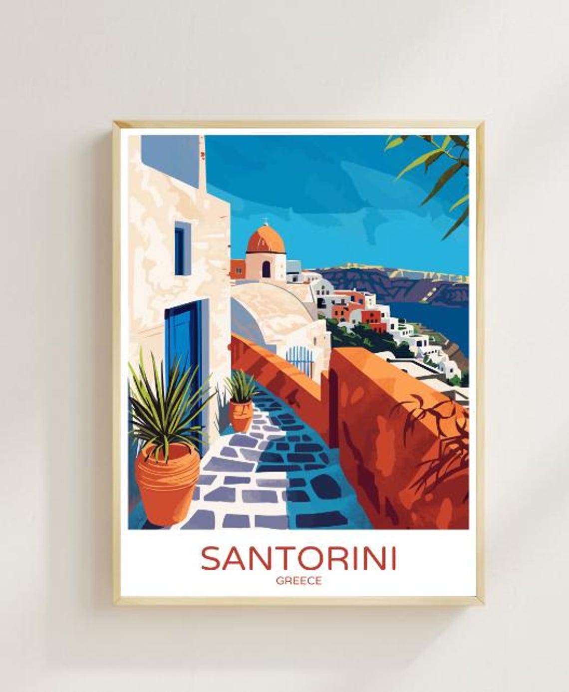 Santorini Greece Travel Poster Blue Domes White Village Path Art