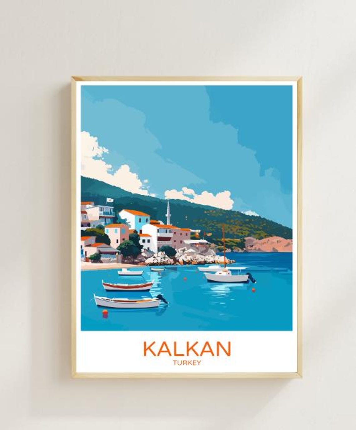 Kalkan Turkey Travel Poster With Harbor Boats And Seaside Town View