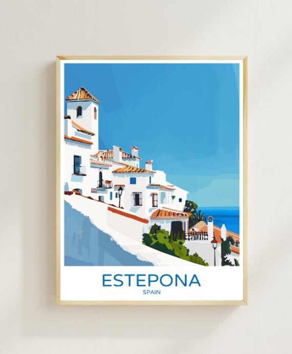 Estepona Spain Travel Poster White Village Hillside Sea View Decor