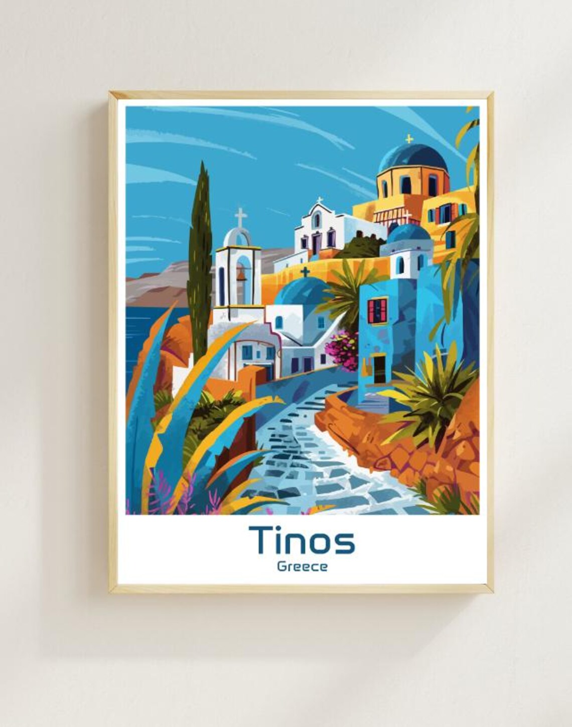 Tinos Greece Cycladic Village Blue Domes Illustrated Travel Poster