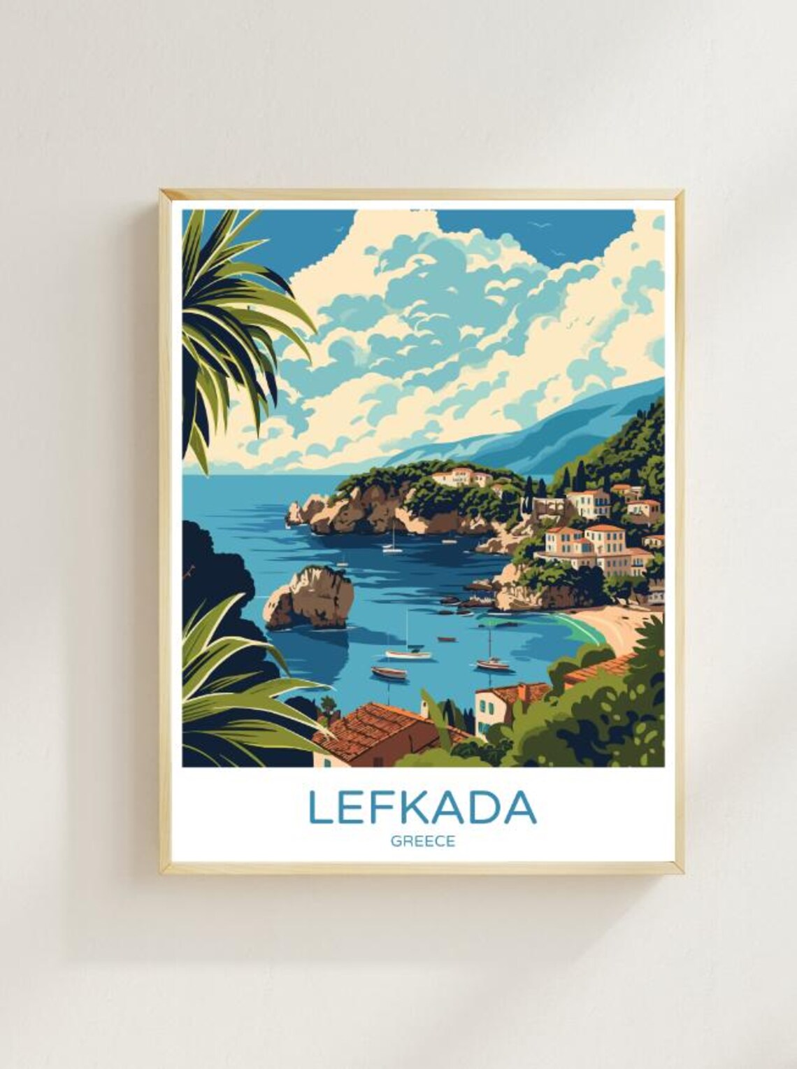 Lefkada Greece Island Coast Travel Poster Sailboats Turquoise Bay Art