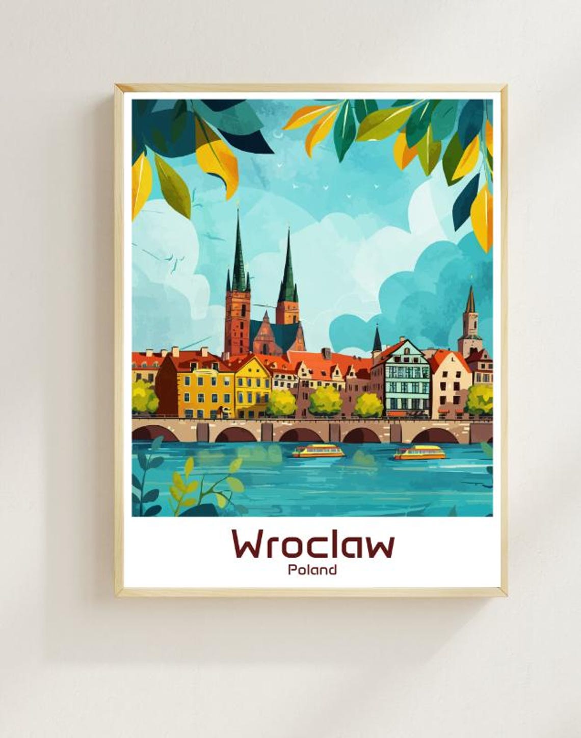Wroclaw Poland Old Town River Bridge Colorful Illustration Poster