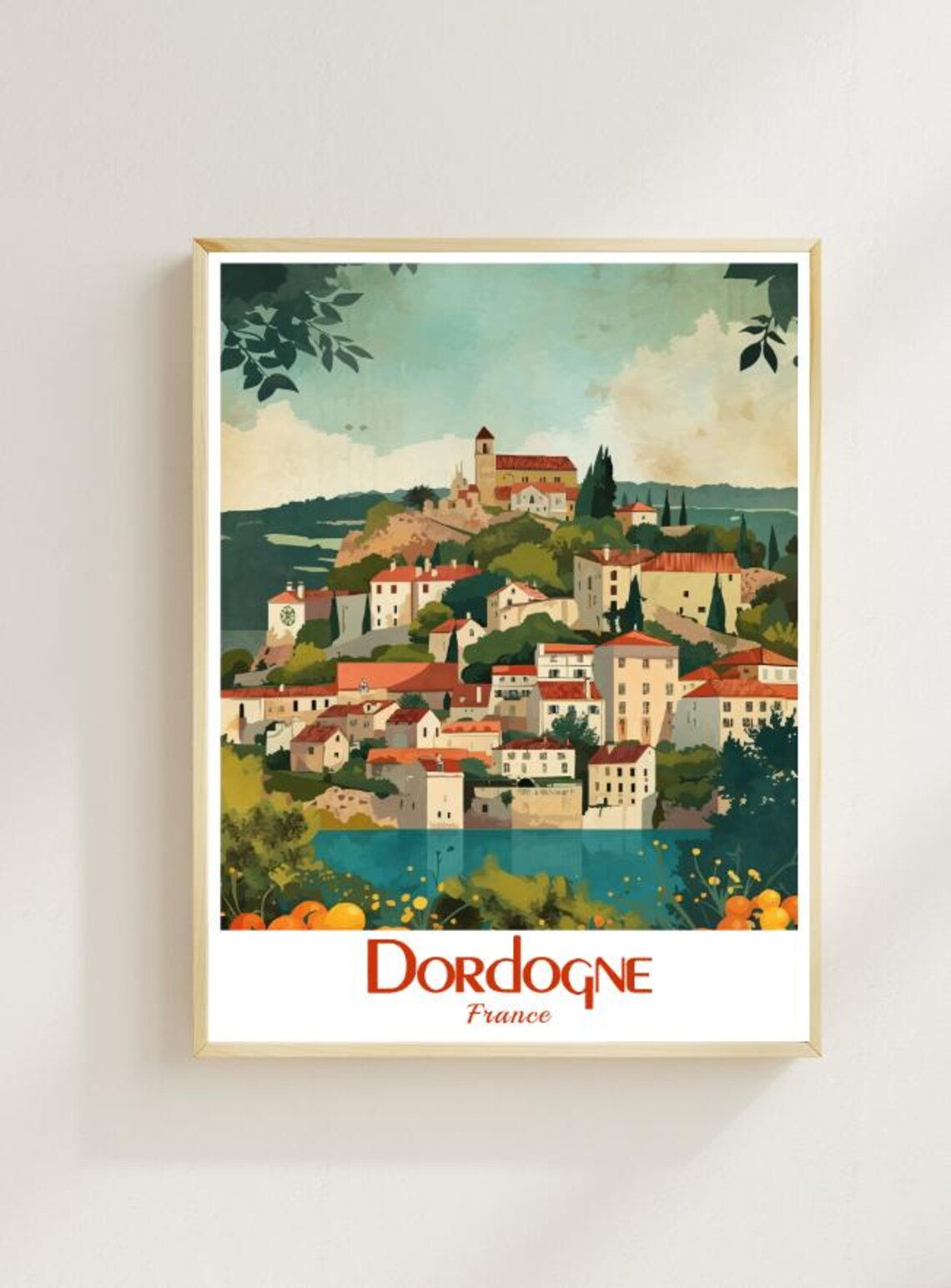 Dordogne France Hilltop Village River Bend Vintage Travel Poster