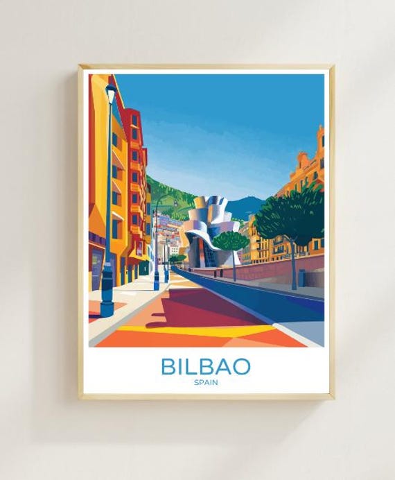 Bilbao Spain Travel Poster Artistic Wall Art Of Guggenheim Museum And Riverfront Basque Country Print Spanish Cityscape Vacation Gift