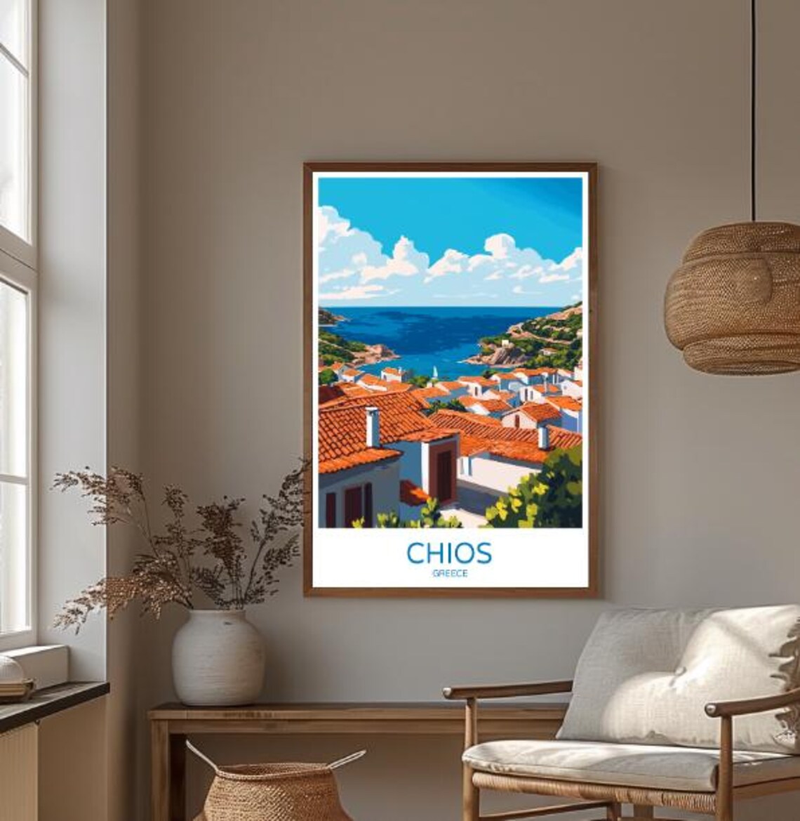 Chios Greece Travel Poster Red Roof Village Aegean Bay View Decor - Image 3