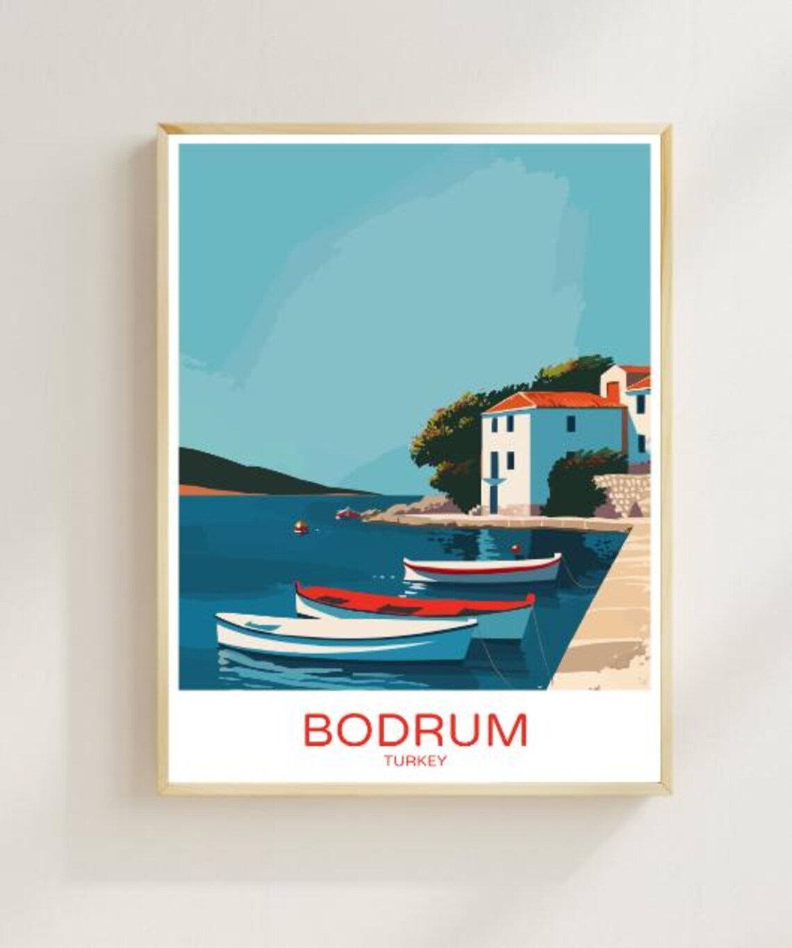 Bodrum Turkey Harbor With Red And White Boats Seaside Travel Poster
