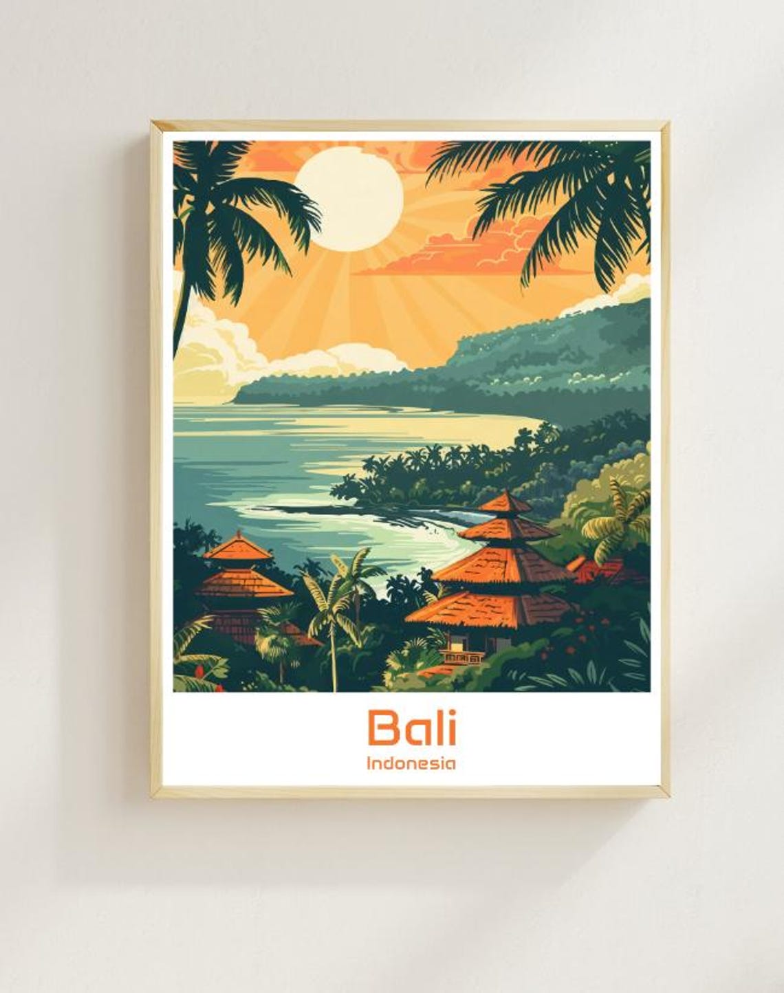 Bali Indonesia Tropical Sunset Palm Trees Temple View Poster