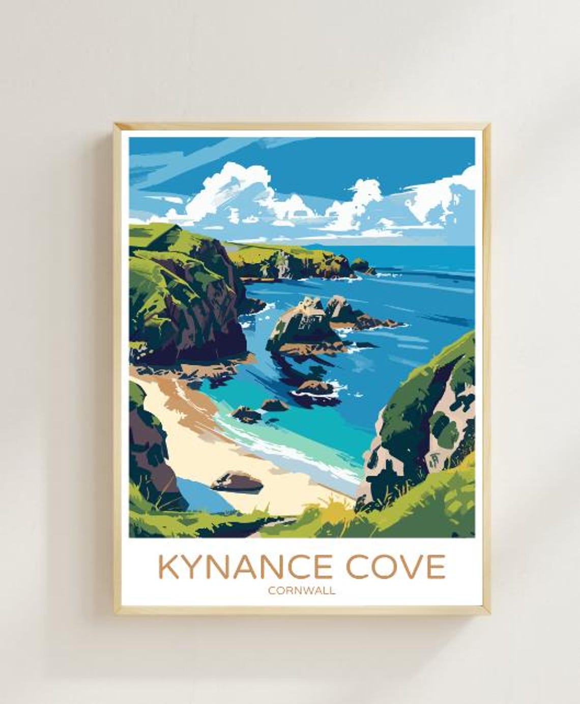 Kynance Cove Cornwall Travel Poster With Rocky Cliffs And Beach