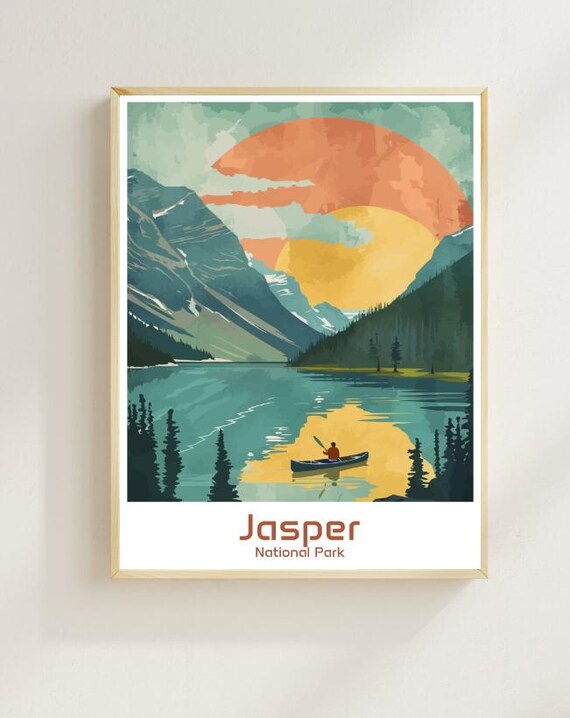 Jasper National Park Canoe Lake Sunset Rocky Mountains Art Poster