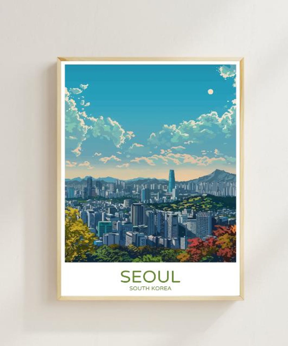 Seoul South Korea Skyline Travel Poster With Mountain Backdrop