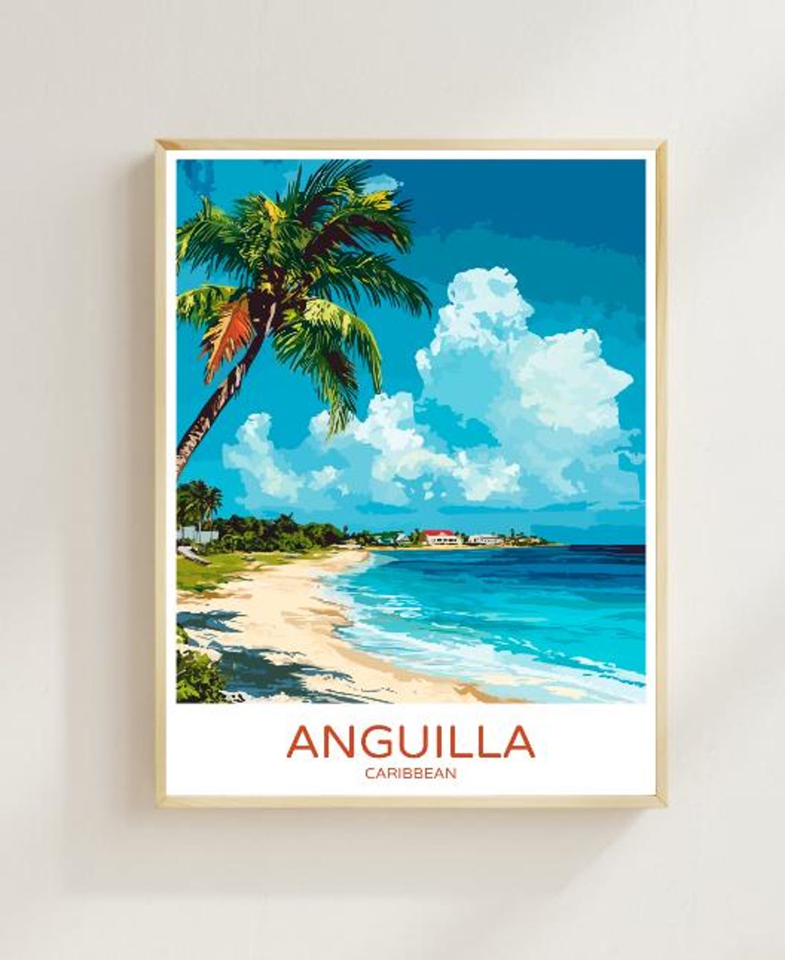 Anguilla Caribbean Palm Beach Turquoise Ocean Vintage Travel Poster