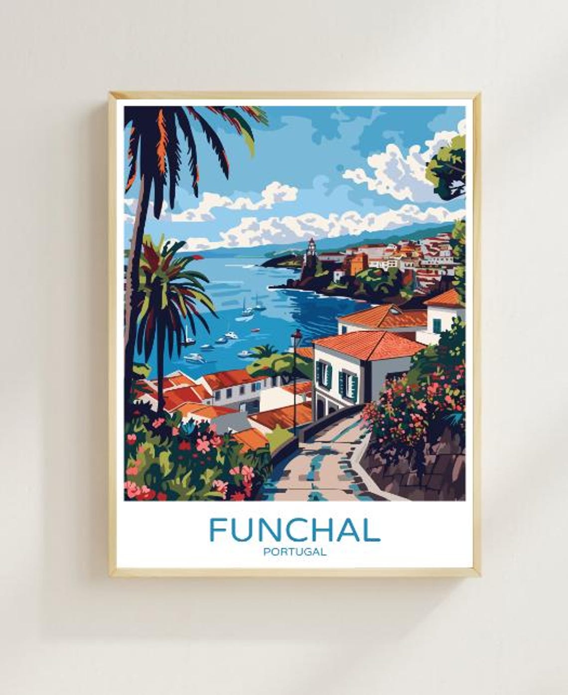 Funchal Portugal Seaside Town With Red Roofs And Harbor Travel Poster