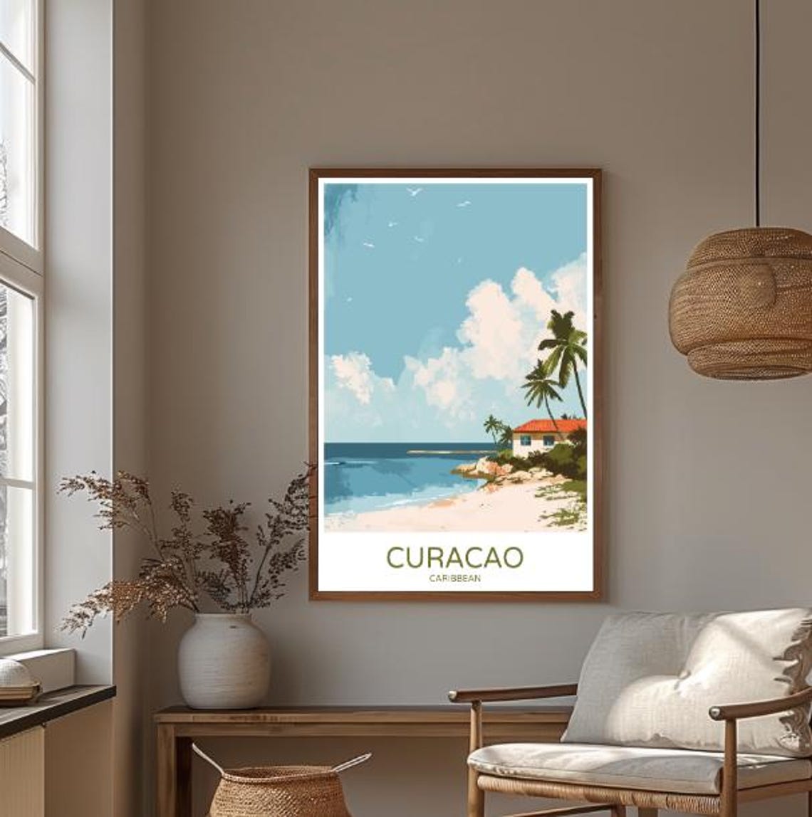 Curacao Caribbean Travel Poster With Palm Beach And Cottage View - Image 3