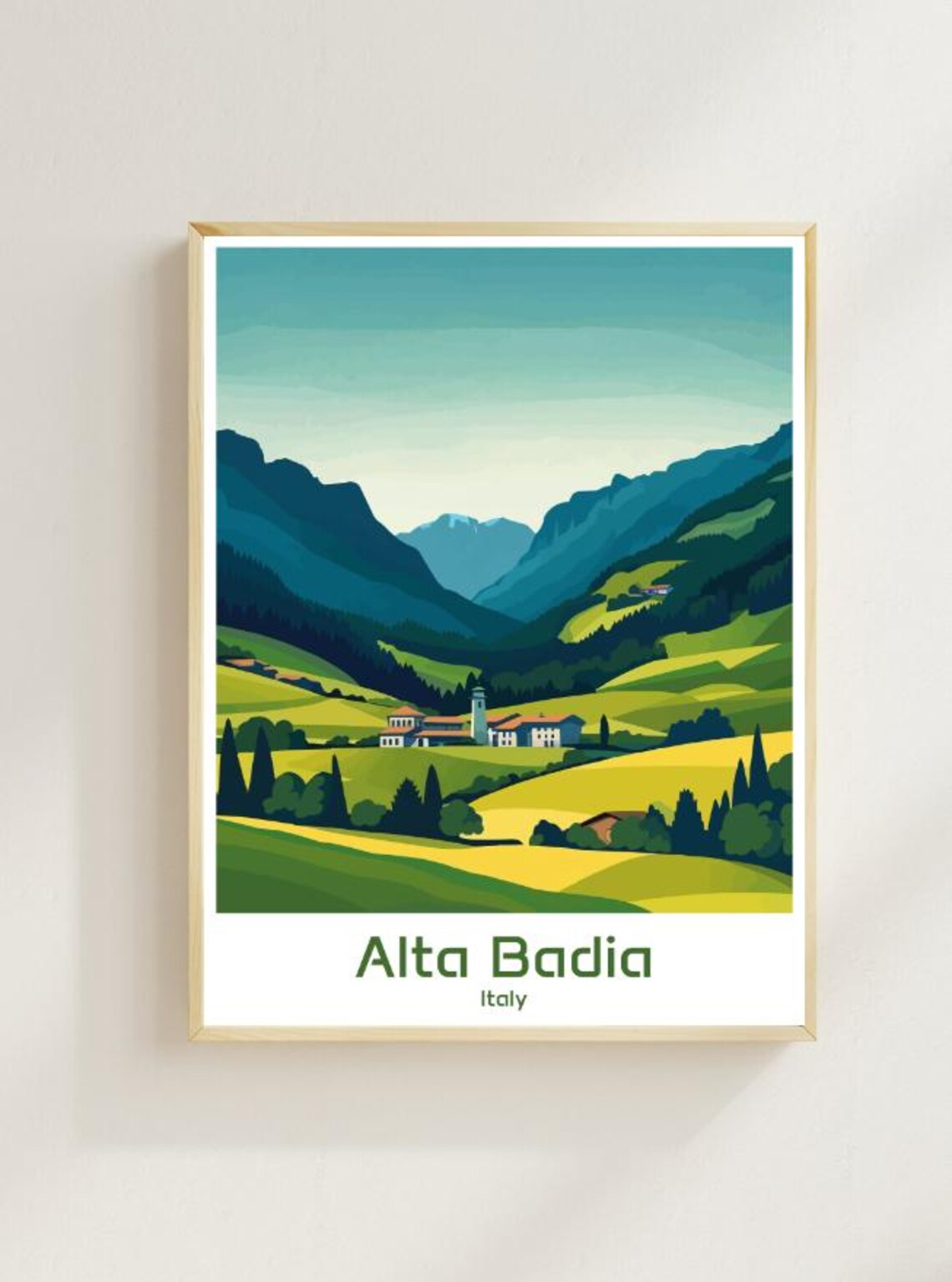 Alta Badia Italy Alpine Village Green Valley Vintage Travel Poster