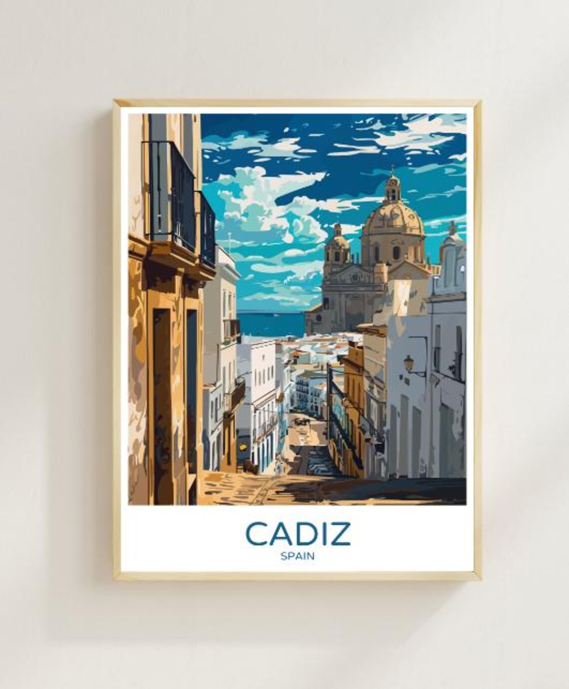 Cadiz Spain Old Town Street View To The Sea Cathedral Travel Poster