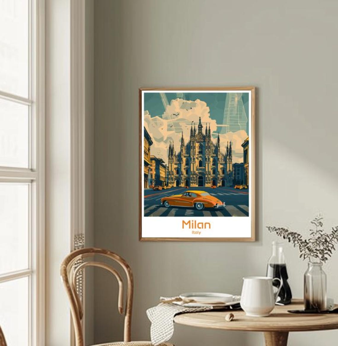 Milan Italy Duomo Cathedral Vintage Car Street Scene Travel Poster - Image 2
