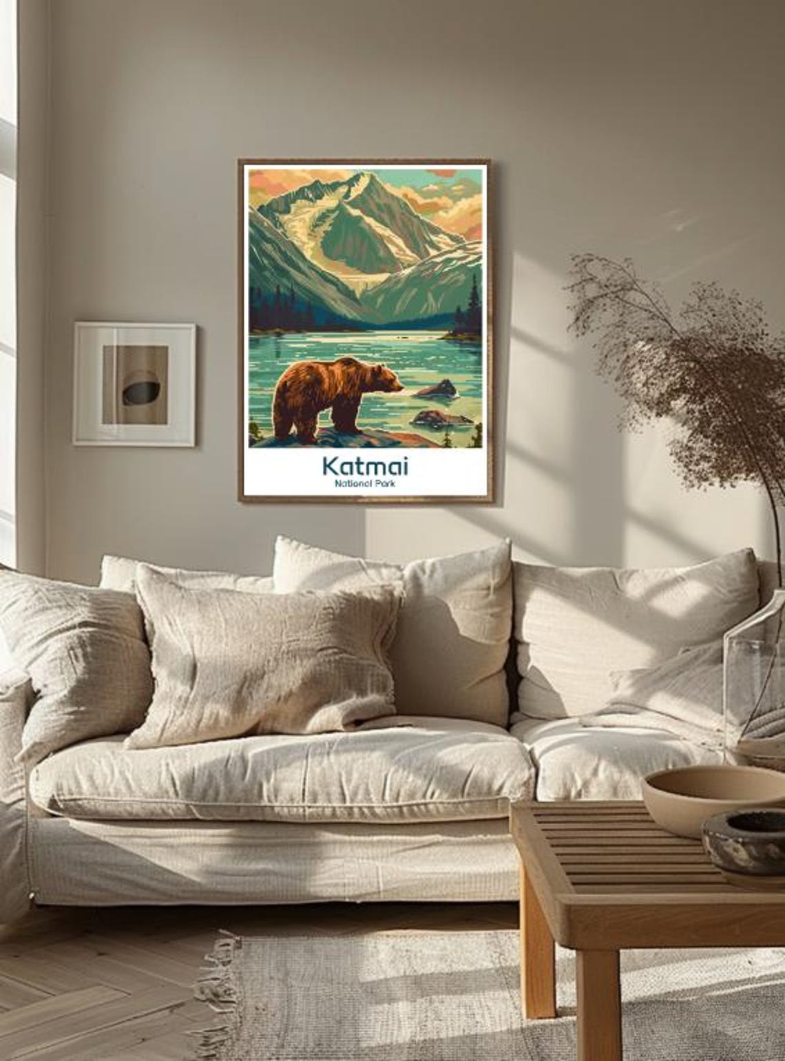 Katmai National Park Brown Bear Lake Mountain Illustration Poster - Image 3