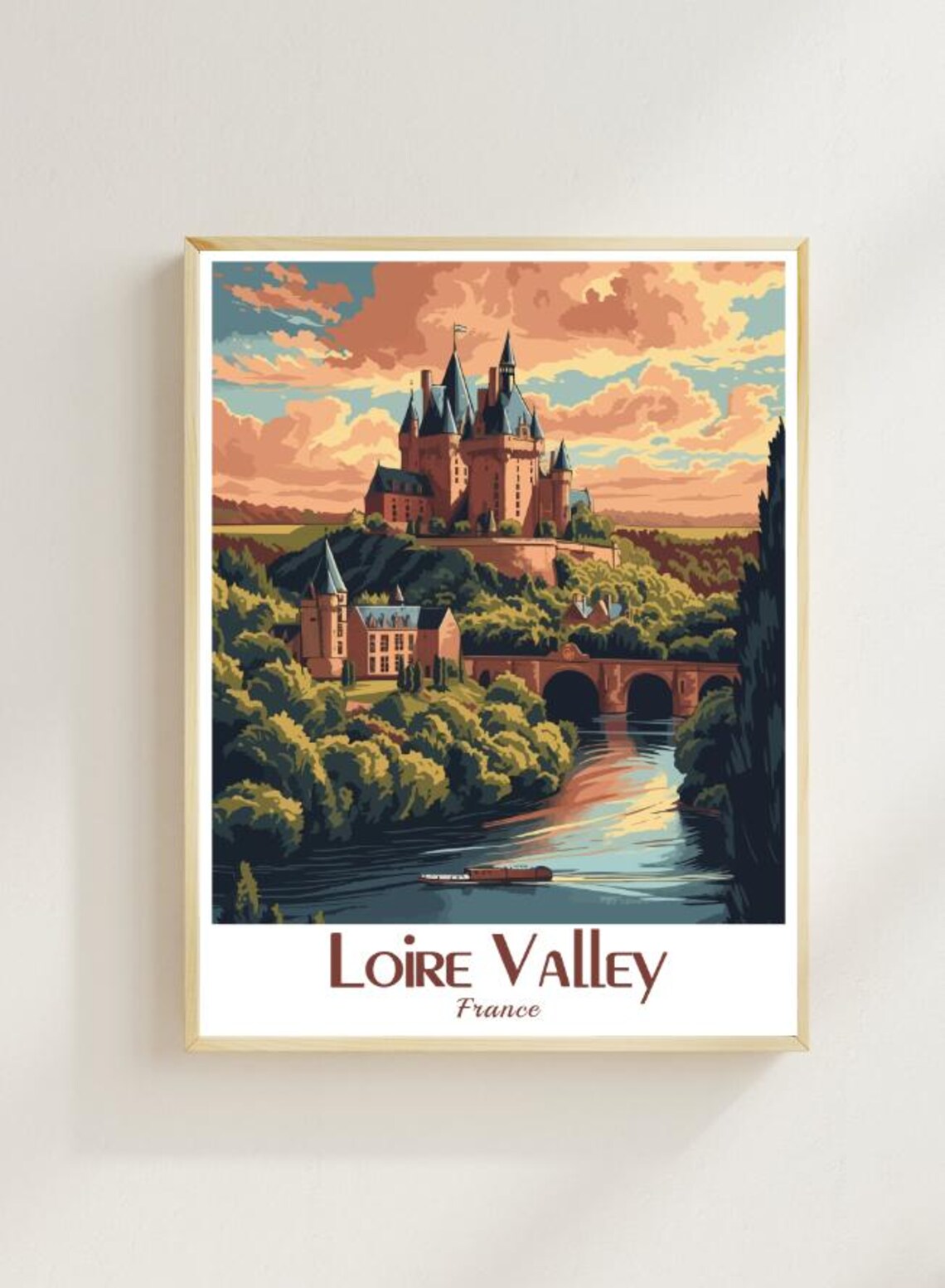 Loire Valley France Chateau River Sunset Vintage Travel Poster