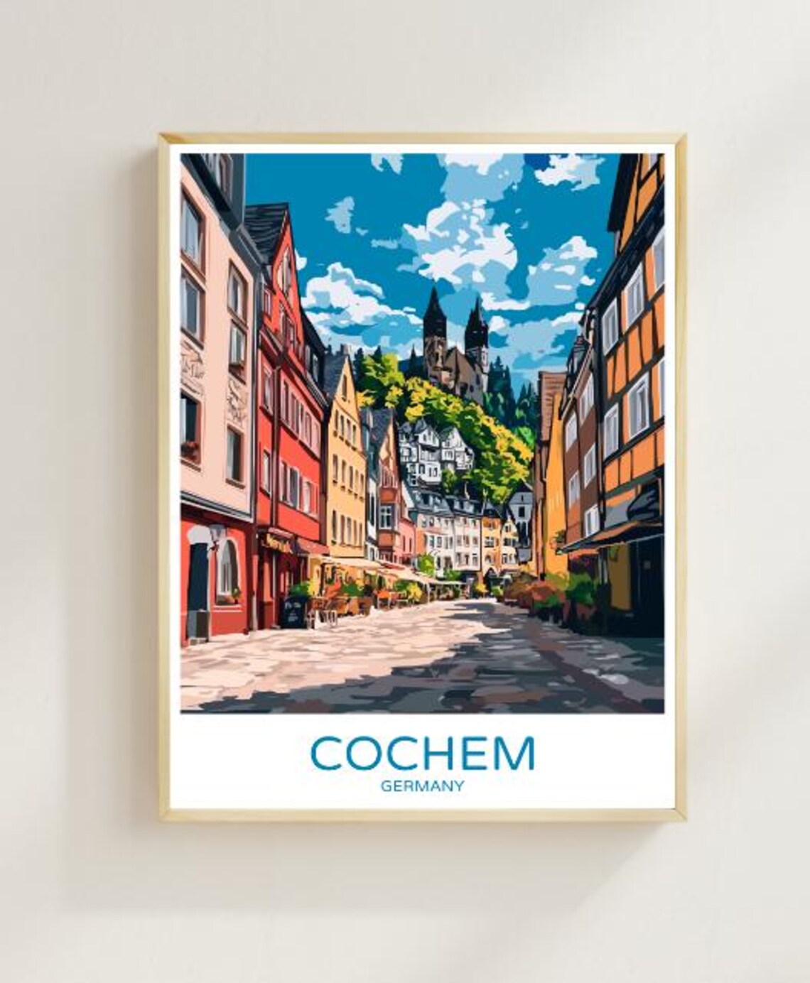 Cochem Germany Colorful Street Hilltop Castle Moselle Town Travel Poster