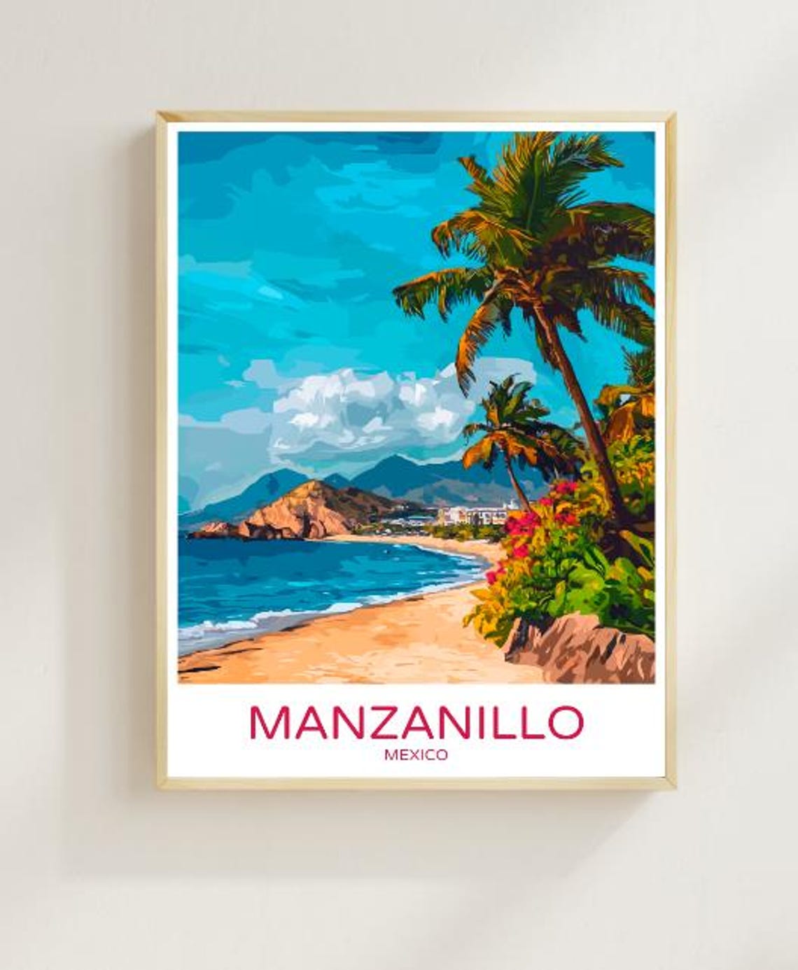 Manzanillo Mexico Palm Beach Bay Mountains Vintage Travel Poster
