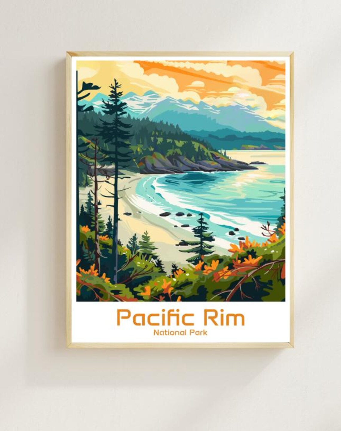 Pacific Rim National Park Poster Coastal Rainforest Cove Sunset Vintage Art
