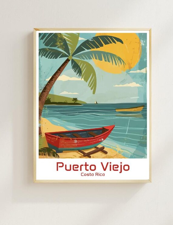 Puerto Viejo Costa Rica Sunset Beach Palm Retro Travel Poster